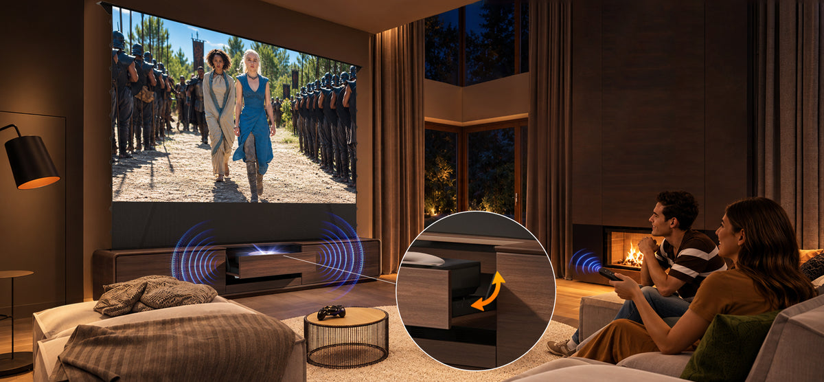 NothingProjector Walnut laser TV cabinet — auto sync system