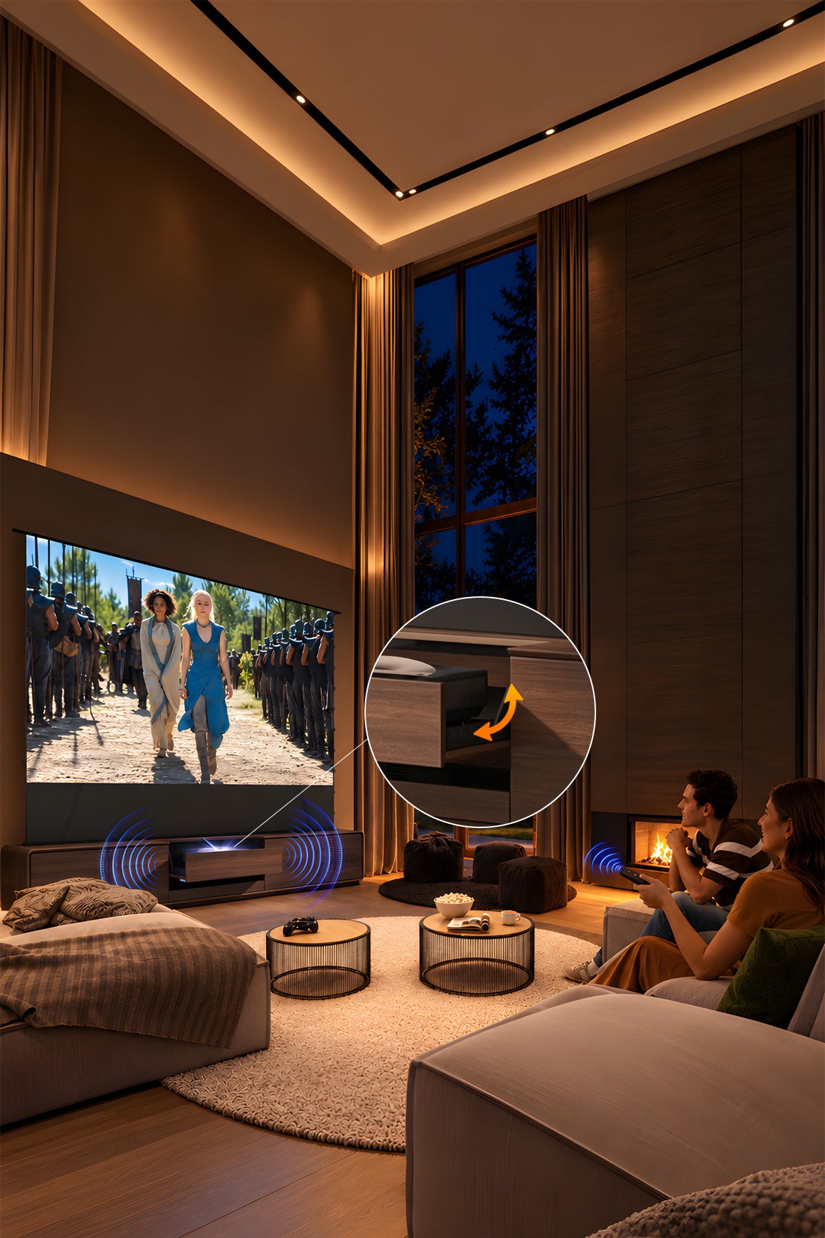 NothingProjector Walnut laser TV cabinet — auto sync system