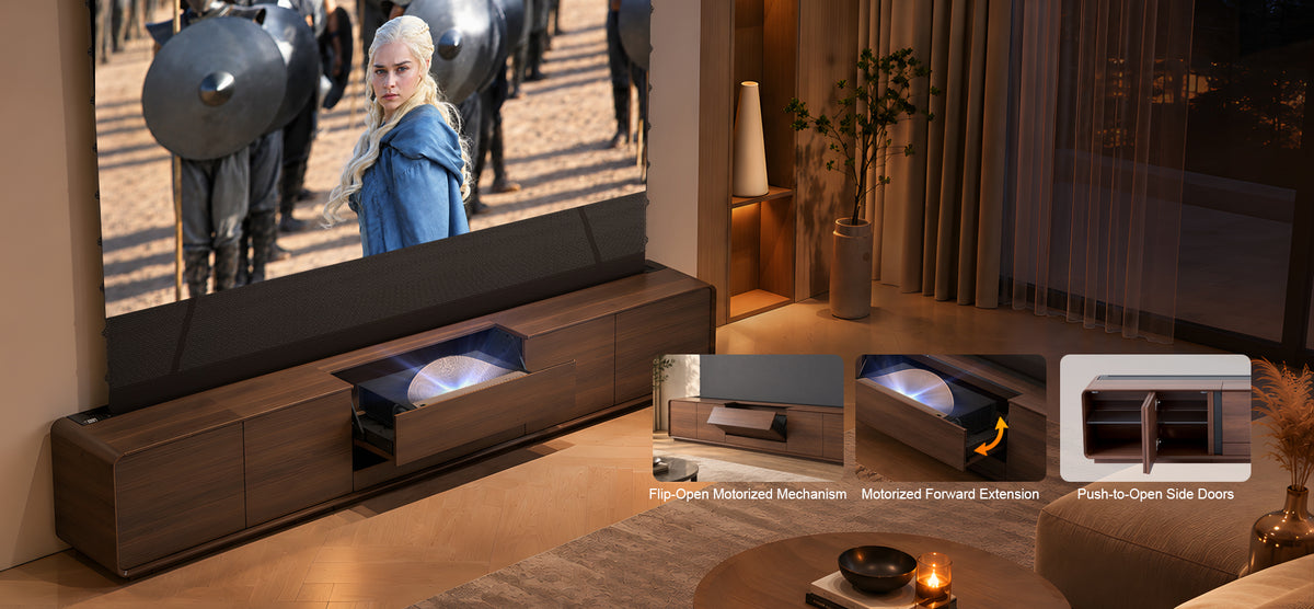 NothingProjector Walnut laser TV cabinet — flip extend motorized platform