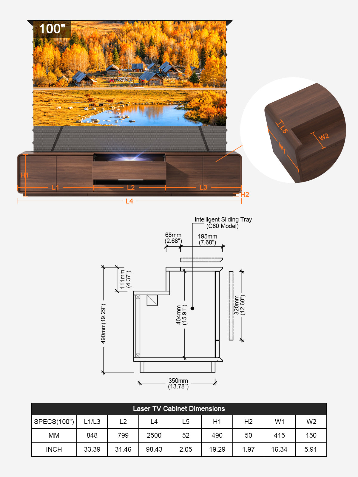 NothingProjector Walnut 100 inch laser TV cabinet size chart for mobile