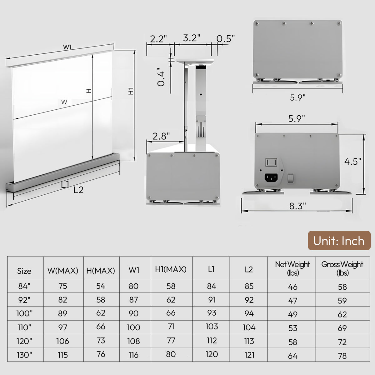 100''-120'' NothingProjector Matte White Motorized Floor Rising Screen For Long/Short/UST Projector