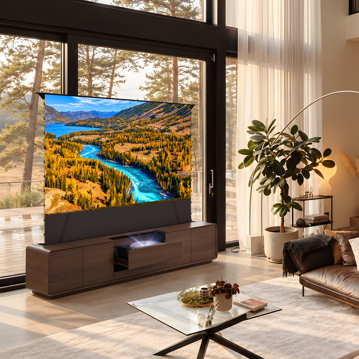Close-up of the NothingProjector walnut laser TV cabinet showing the open-pore walnut veneer and mortise-and-tenon joinery