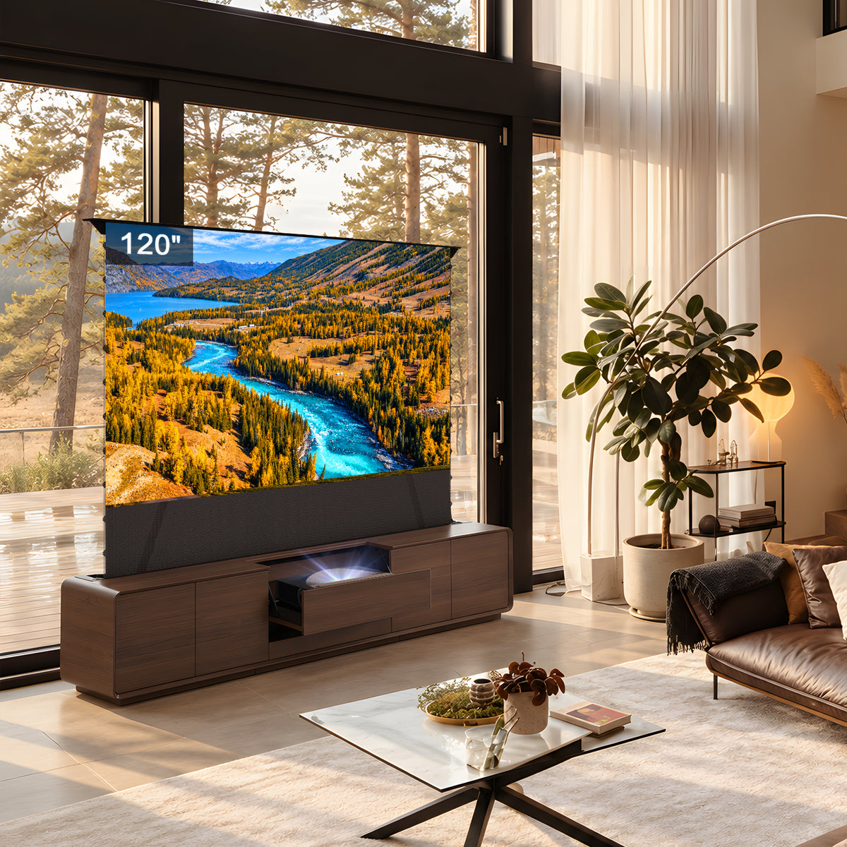 NothingProjector Walnut laser TV cabinet in a living room with a 120 inch ALR floor rising screen raised