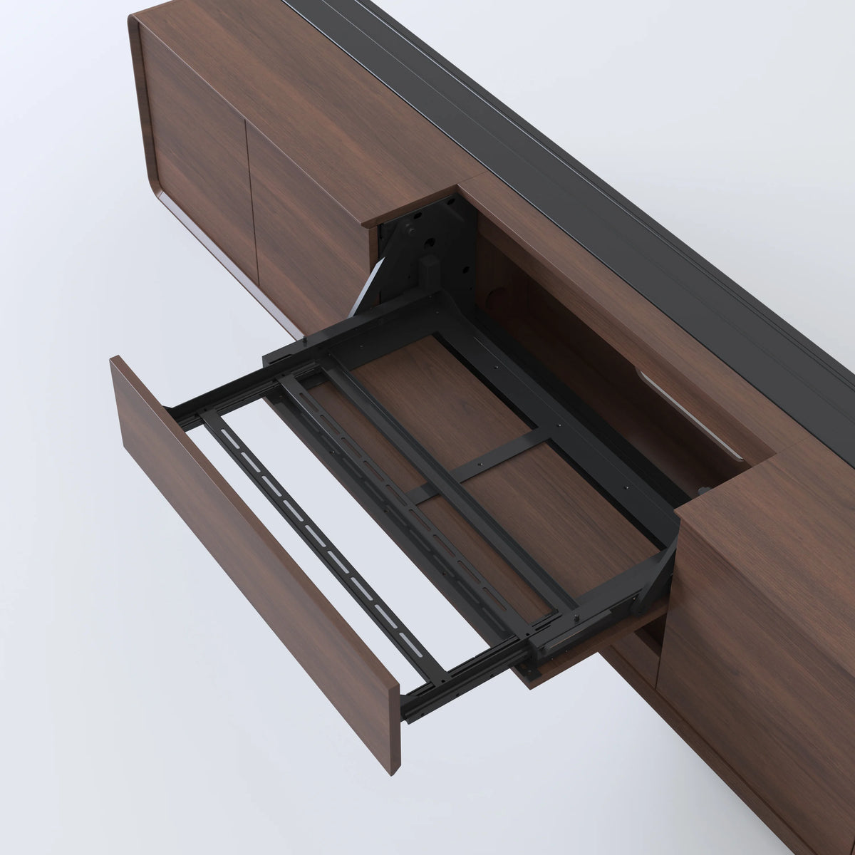 NothingProjector Walnut laser TV cabinet in a warm minimalist living room, alternative angle