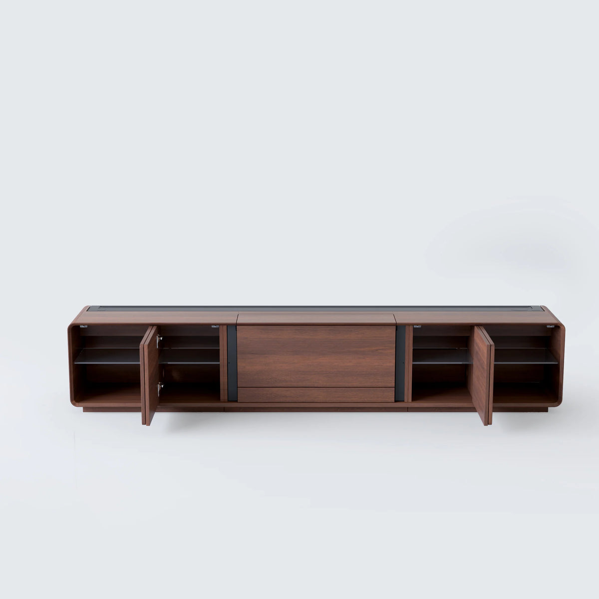 NothingProjector Walnut laser TV cabinet, rear view of the low-profile walnut body