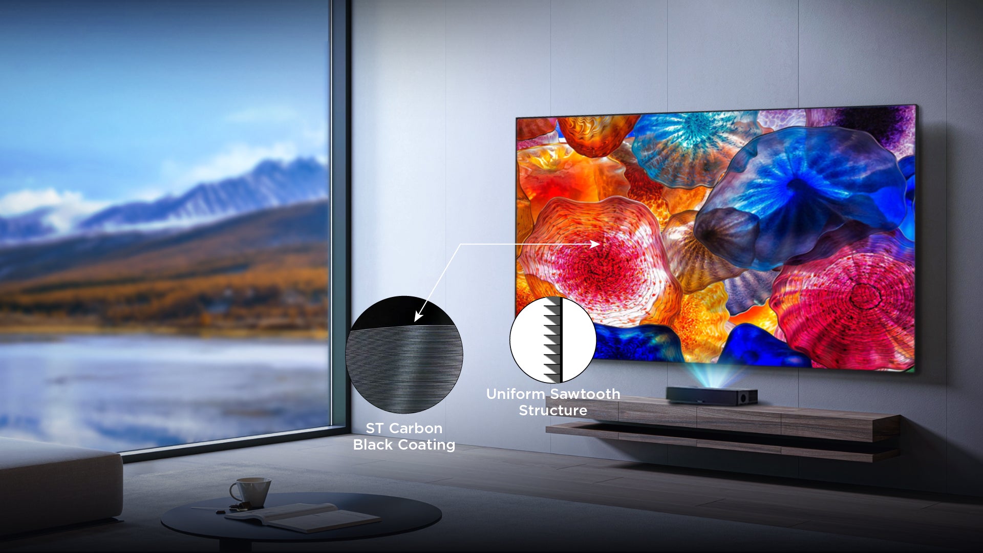 ALR (Ambient Light Rejection) screens use a special layered structure, like tiny Venetian blinds. This prevents the image from looking washed out and keeps the picture vivid, with deeper blacks and more accurate colors, even in bright rooms.