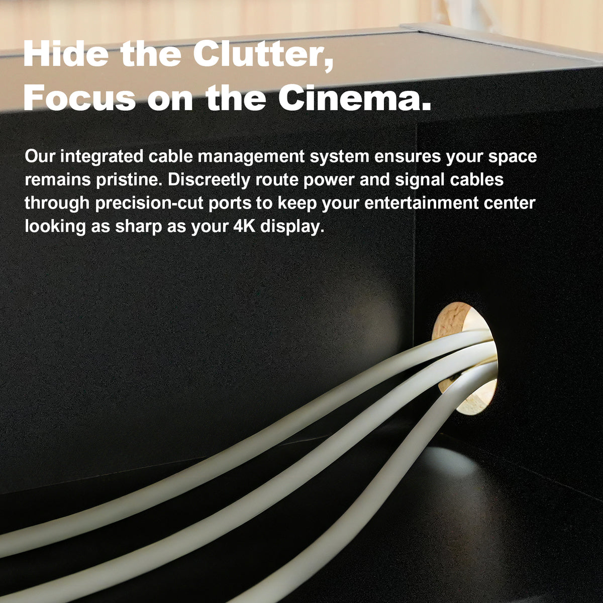 Rear view of Shore Black flat-pack cabinet showing integrated cable management ports.