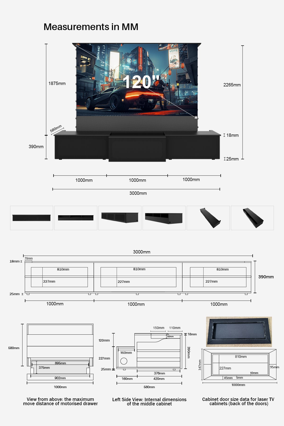 Shore Motorized Laser TV Cabinet: detailed dimension specs