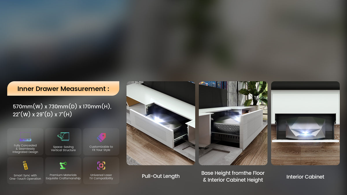 The Shore Laser TV Cabinet features an integrated design with premium materials, supporting a large projection screen size.