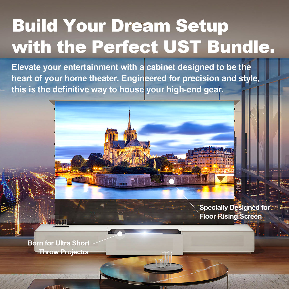 Build your dream setup with Shore Matte motorized cabinet born for ultra short throw projectors and floor rising screens