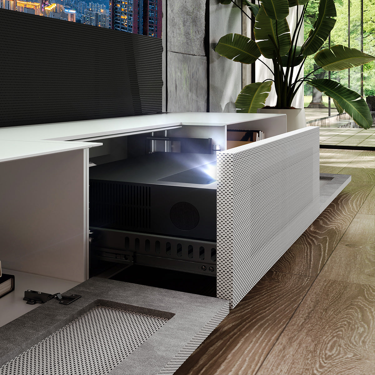shore laser tv cabinet with sliding tray