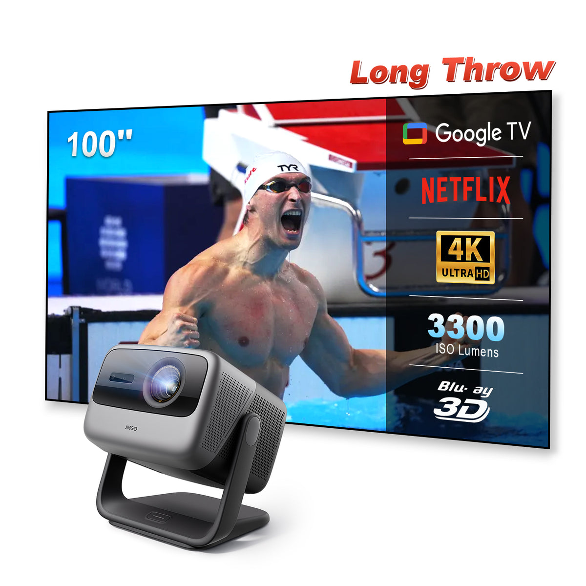 JMGO N1S Ultimate 4K Laser Outdoor Projector 3300 ISO Lumens Google TV with Netflix