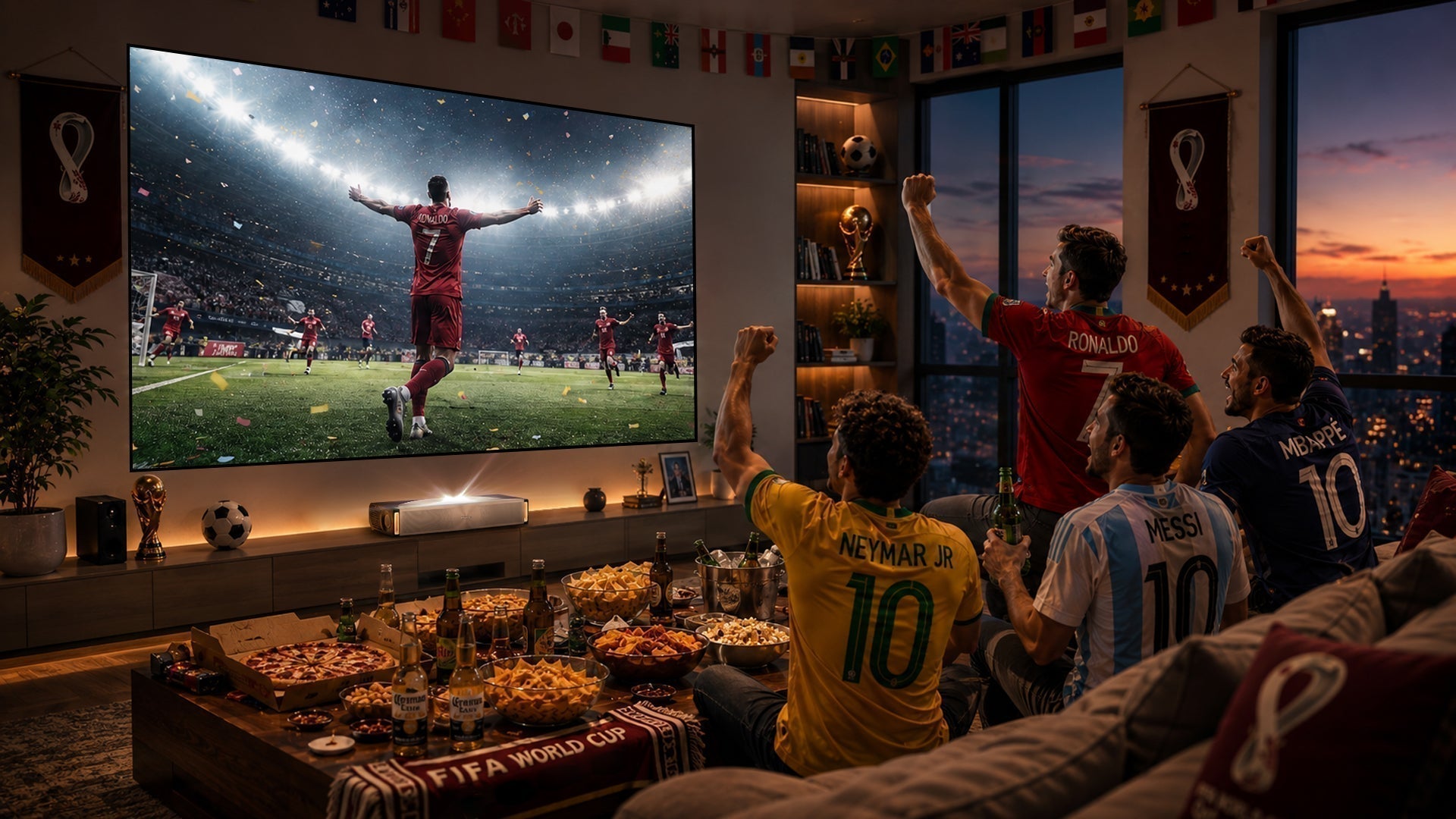 A group of friends in team jerseys cheering in a living room while watching a 2026 World Cup match on a NothingProjector massive 120-inch UST projector screen.