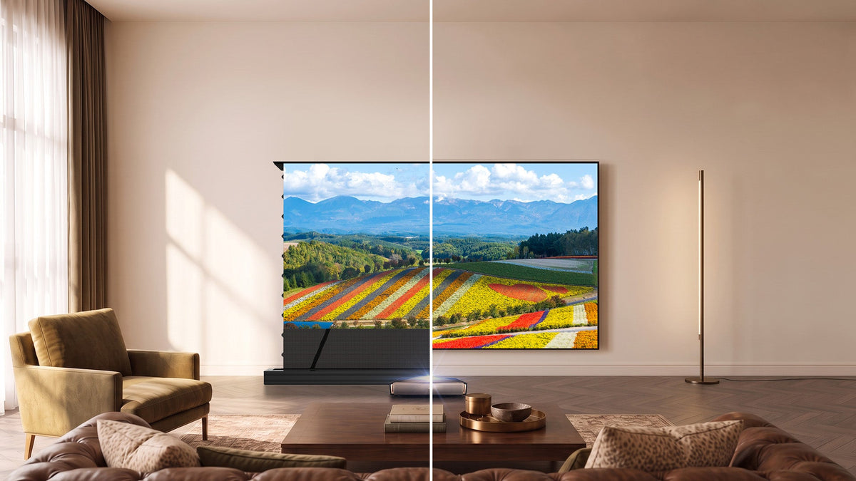 Side-by-side comparison between motorized floor rising screen and ultra slim fixed frame screen