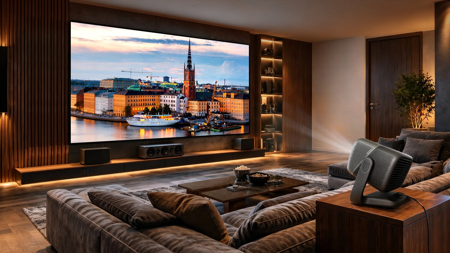 MGO N3 Ultimate projector displaying a vibrant image on a NothingProjector ALR screen in a modern home theater.