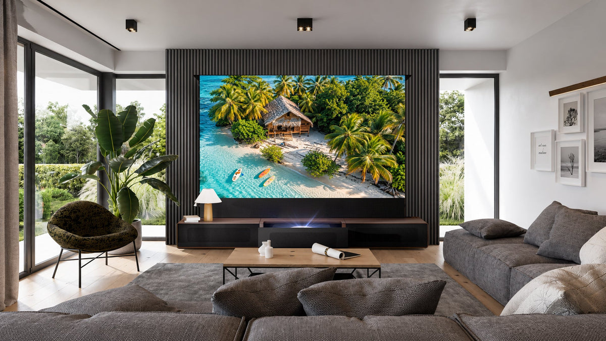 Nothing Projector Shore motorized UST TV cabinet with 120-inch ALR floor rising screen in modern living room theater