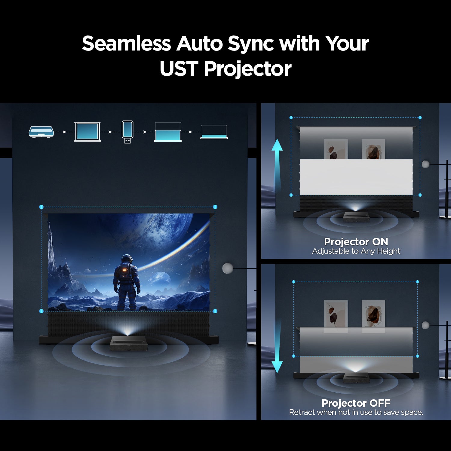 This floor-rising ALR screen can auto-sync with your UST projector 