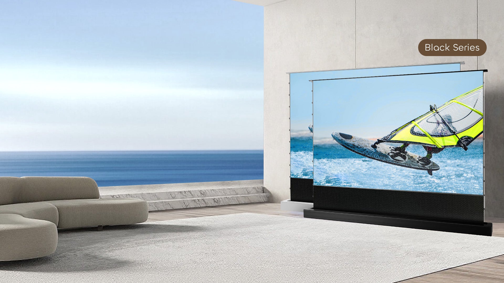 NP Black Series ALR Floor-Rising Projection Screen: Innovative UST design for modern home theater enhancement.