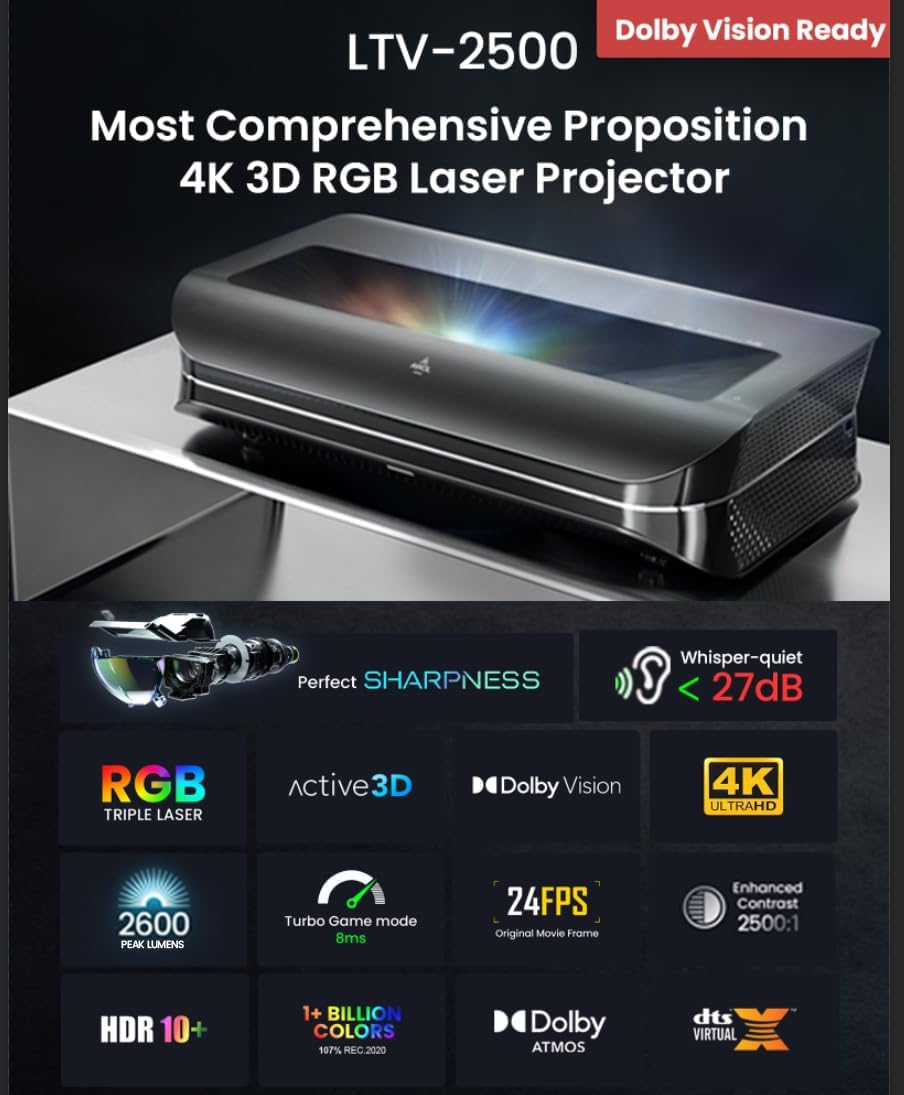 جهاز عرض AWOL Vision LTV-2500 UST، مسرح منزلي بدقة 4K، 2600 لومن 