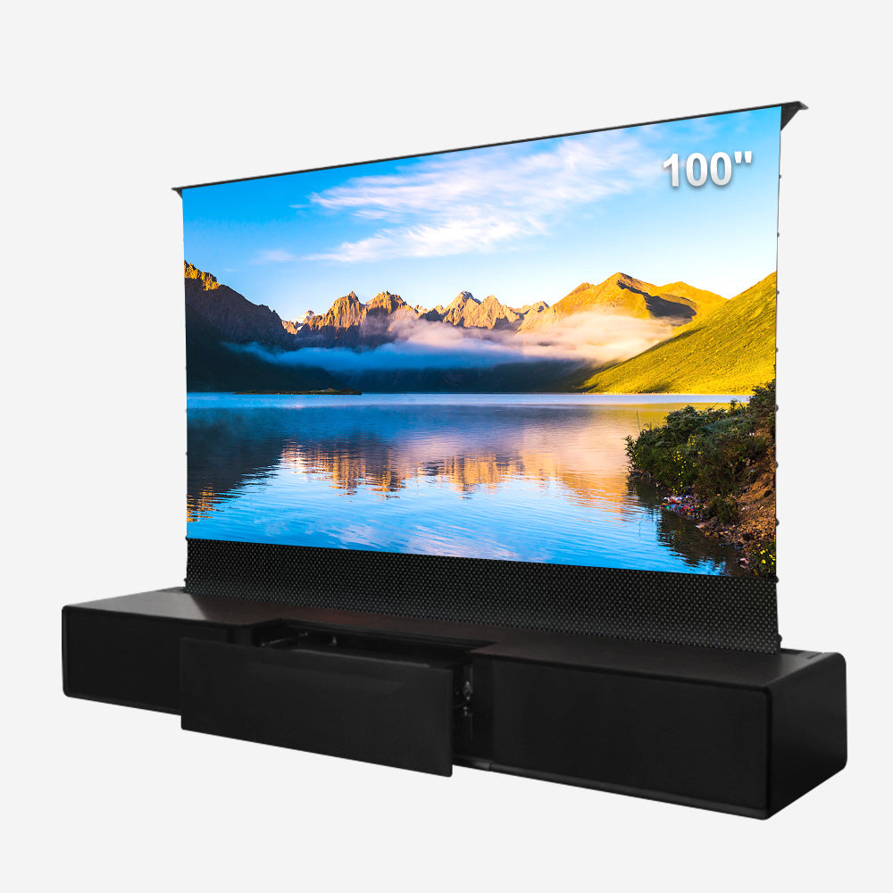 Shore Wood Grain UST Projector Cabinet + Black Series Motorized Floor Rising Screen Bundle (Cabinet Pre-Assembled）