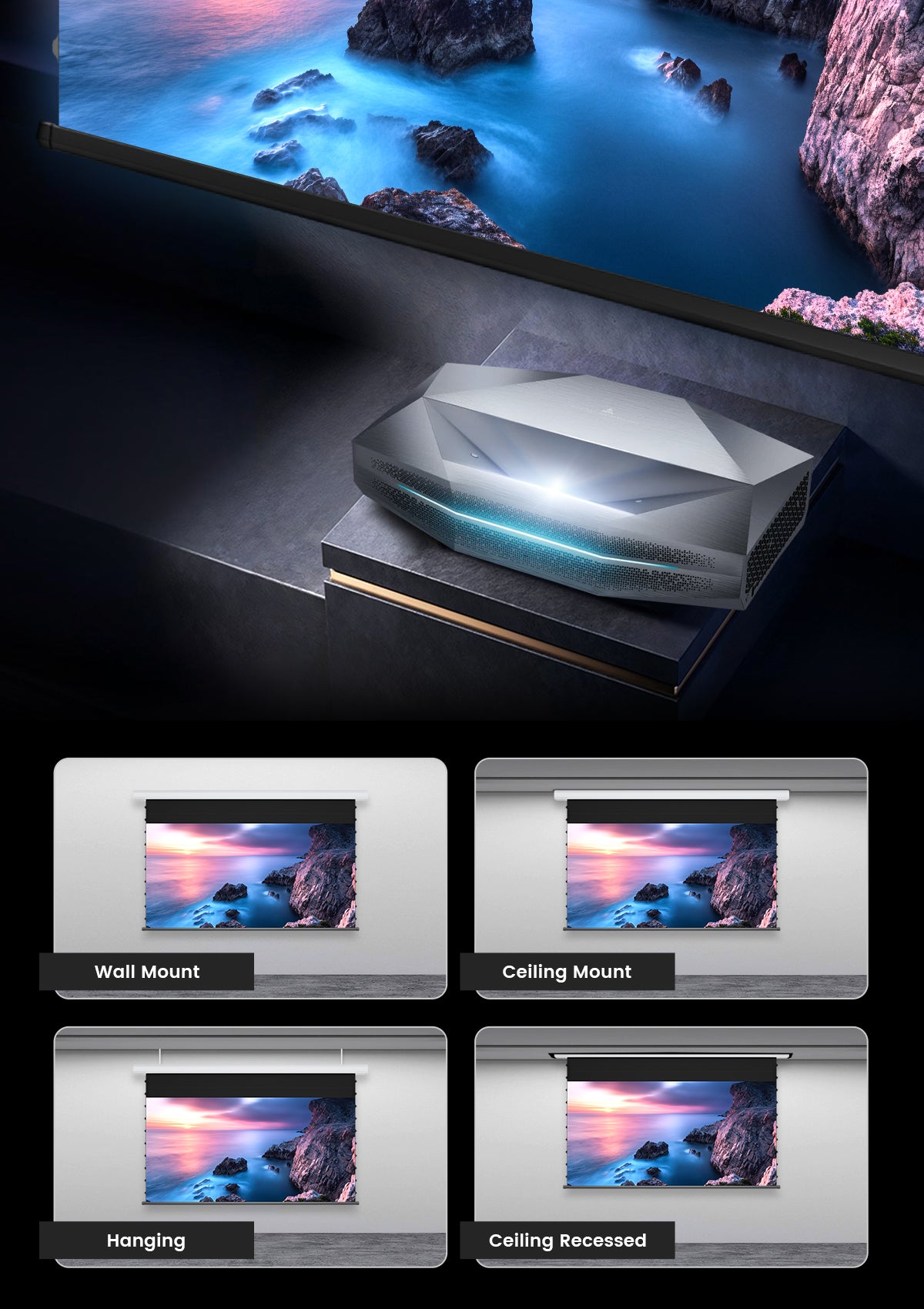 Four installation methods for NothingProjector drop down screen: wall mount, ceiling mount, hanging, and recessed