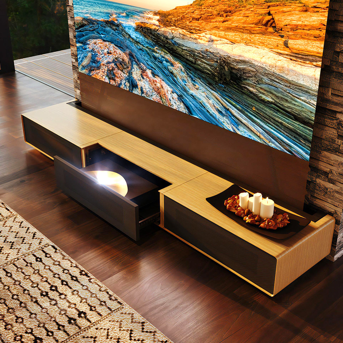 Modern UST projector cabinet in Shore Oak with open drawer showing the sliding tray for ultra short throw projectors