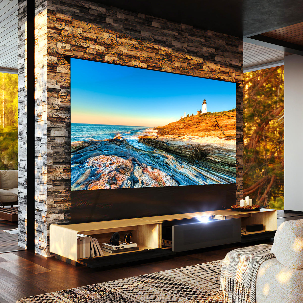 Shore Oak Cabinet with an integrated motorized floor-rising ALR projector screen fully extended for home theater