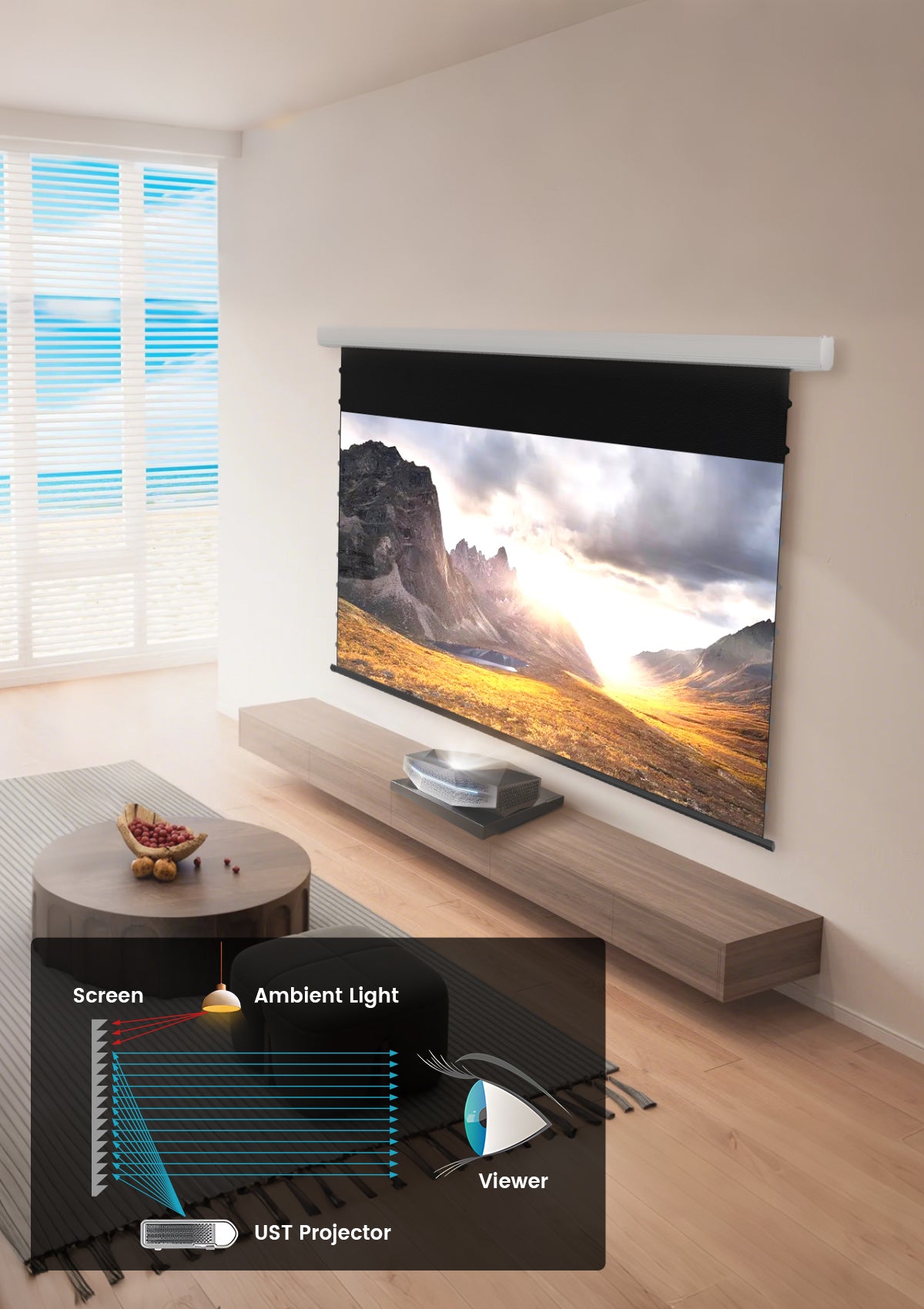 Black Series motorized drop-down ALR projector screen - 95% ambient light rejection for daylight viewing