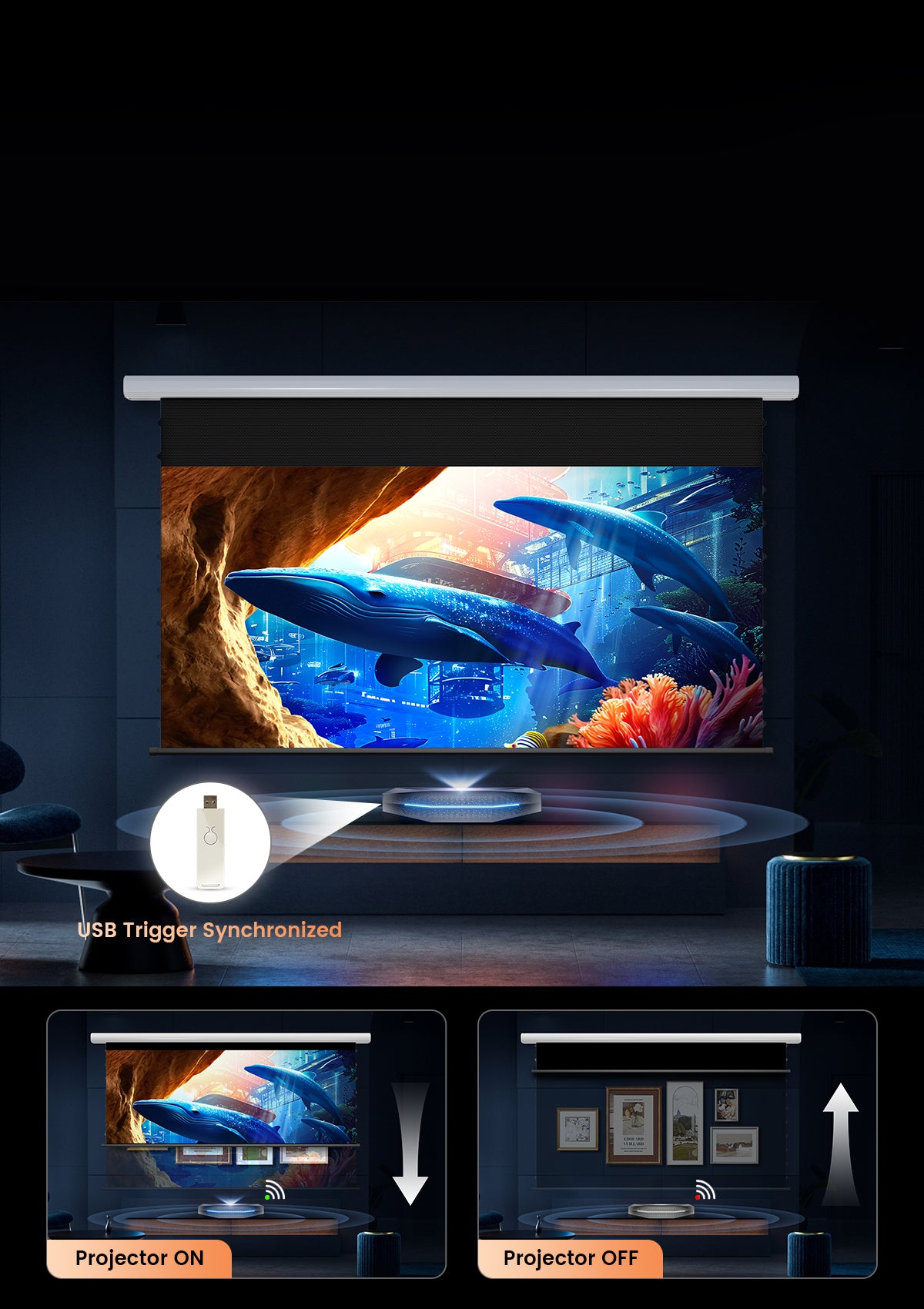 Automatic projector sync using a USB trigger for effortless NothingProjector's motorized drop down screen control