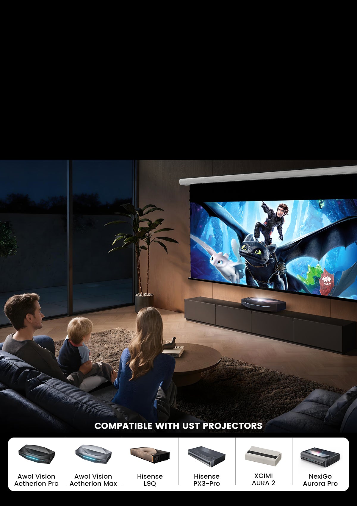 NothingProjector Drop down UST ALR screen compatible with major laser projector brands like Hisense and AWOL