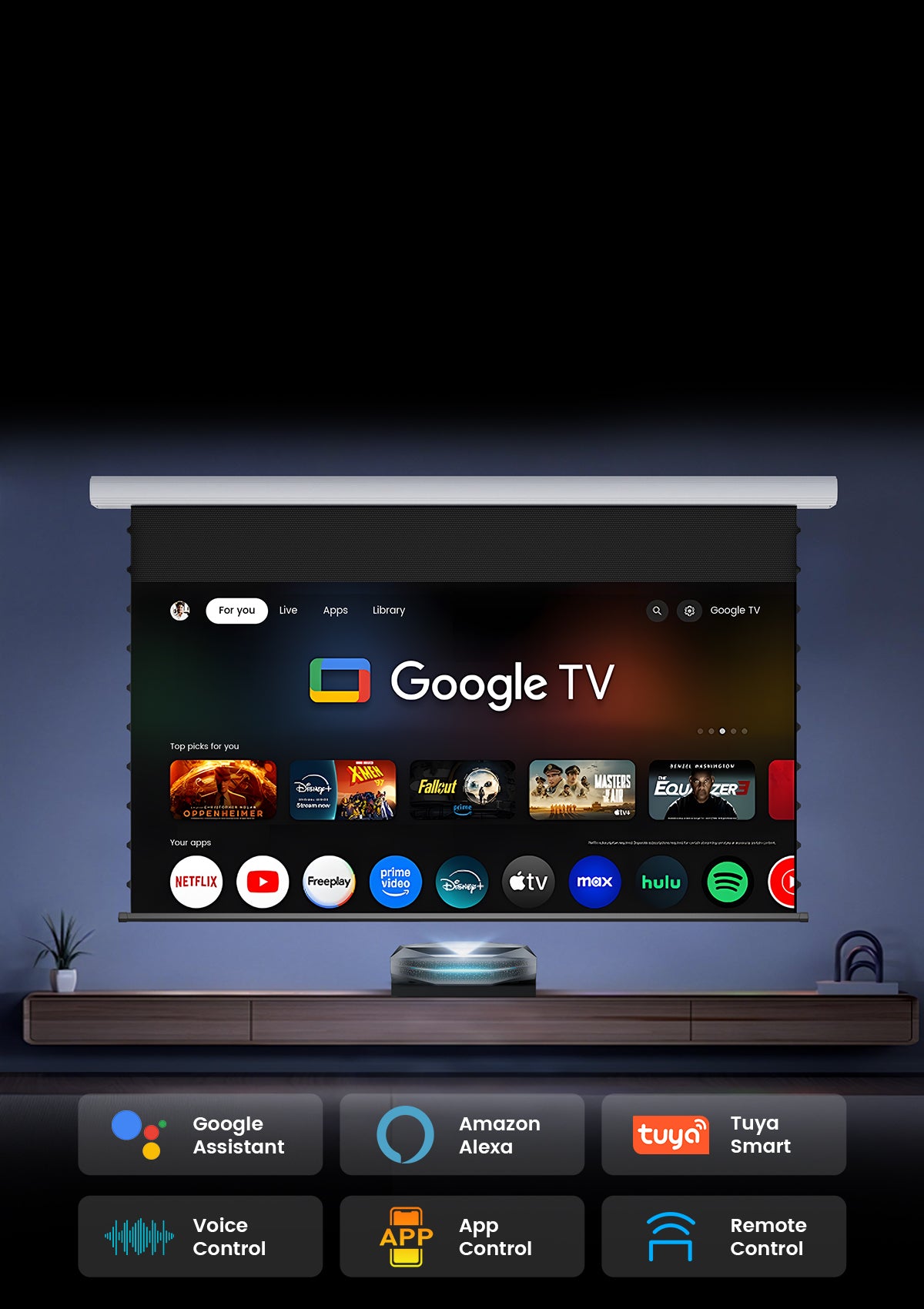 Smart screen control using Google Assistant, Amazon Alexa voice commands, and the Tuya App
