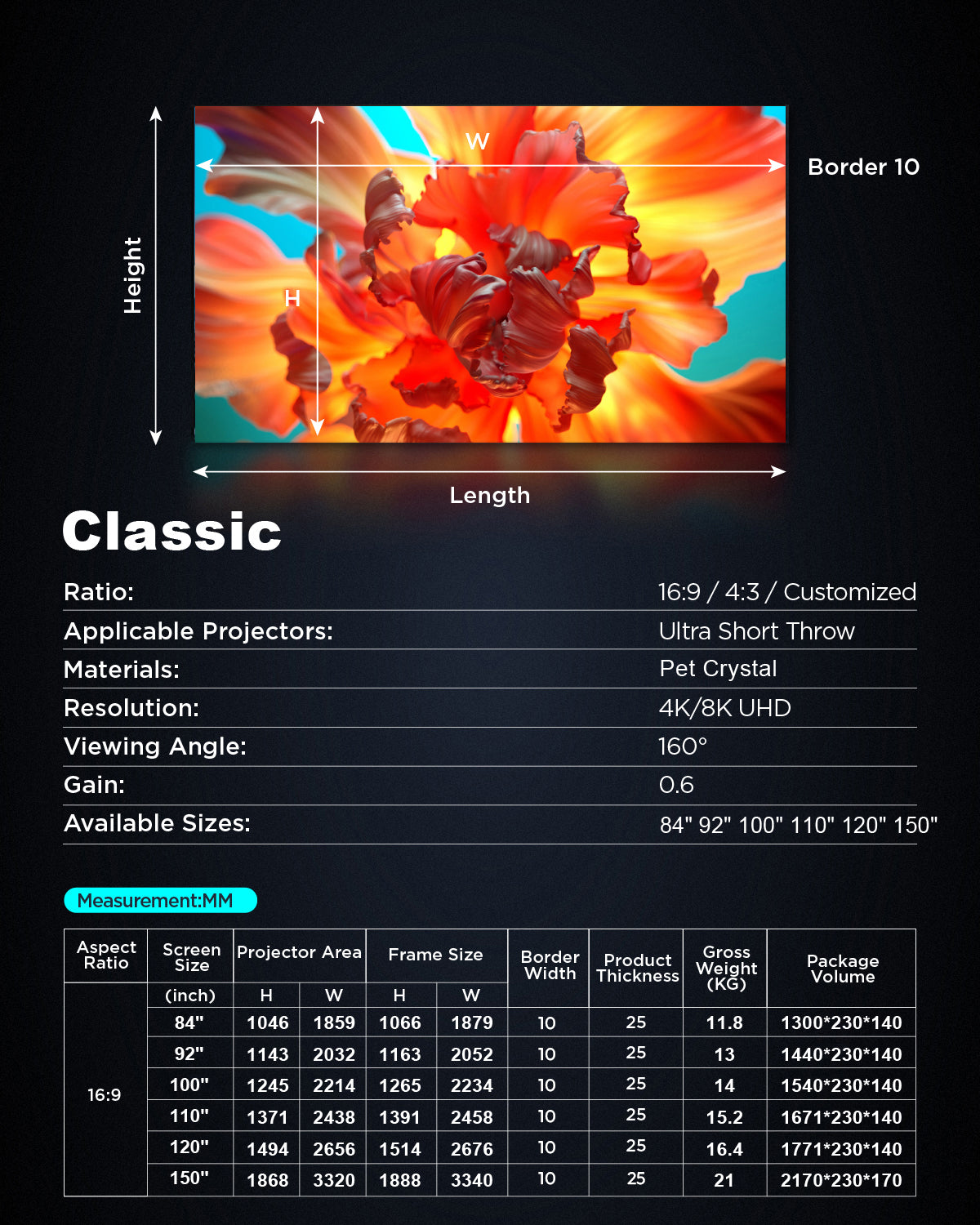 NothingProjector PET Crystal Classic UST ALR Screen Specs & Size Chart