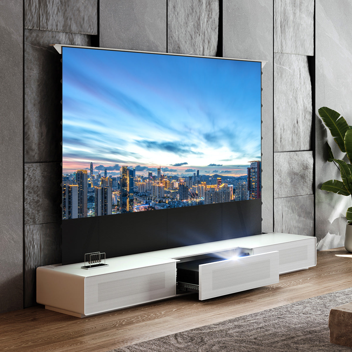 Pre-assembled Matte White Laser TV Cabinet for Ultra Short Throw Projector