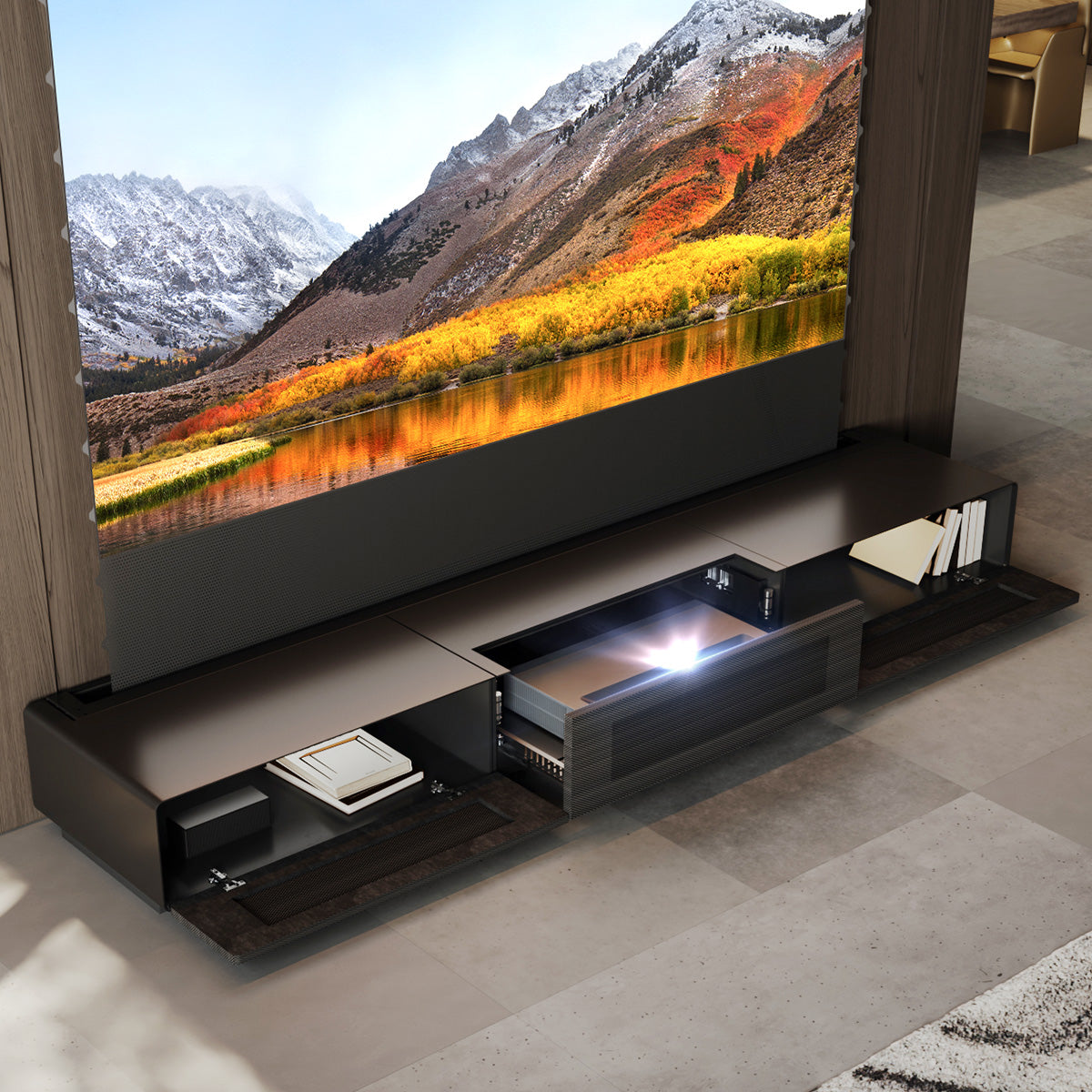 Modern Laser TV stand with a large screen displaying a scenic view of mountains and trees.