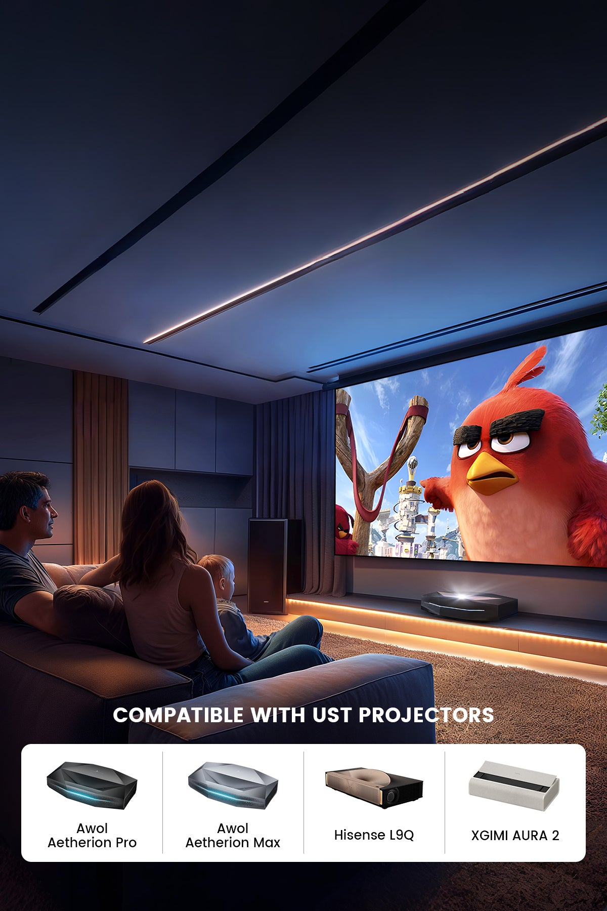 Universal UST projector screen compatible with Hisense, AWOL, BenQ, and major brands for cinema-quality home theater.