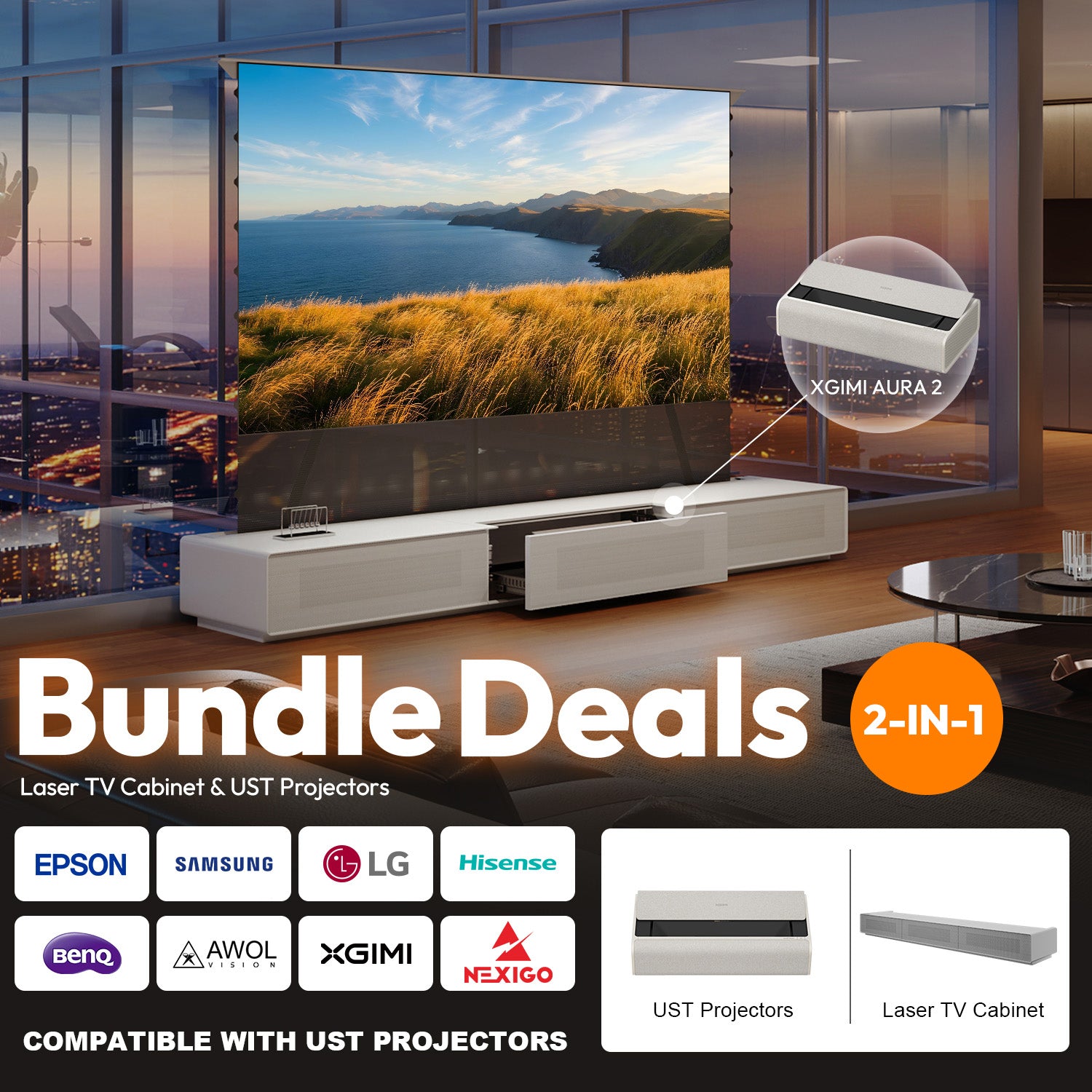 2-in-1 bundle deals pairing the pre-assembled Shore motorized laser TV cabinet with compatible UST projectors like XGIMI Aura 2, AWOL Vision, and Formovie