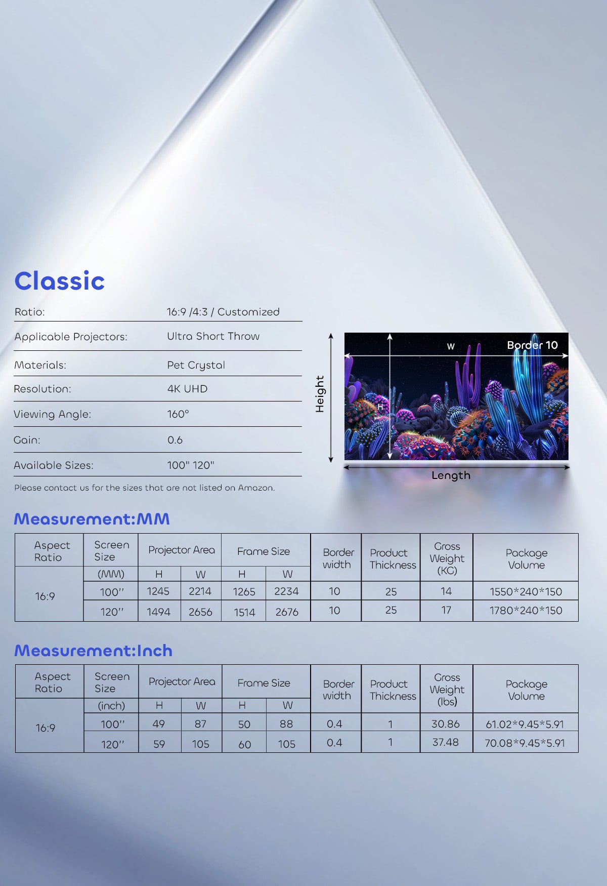 NothingProjector PET Crystal Classic UST ALR Screen Specs & Size Chart