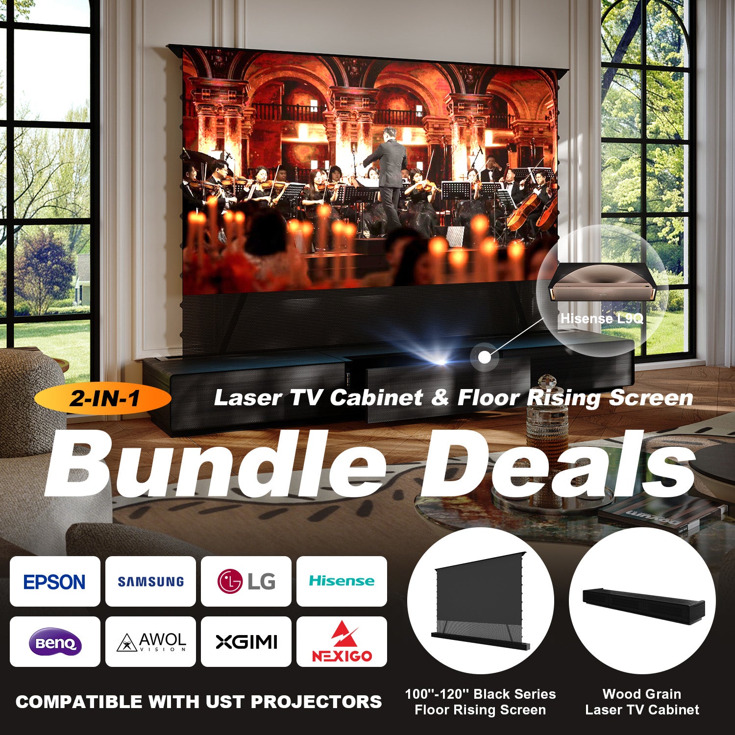 Shore UST projector Cabinet & Black Series Floor Rising Screen Bundle