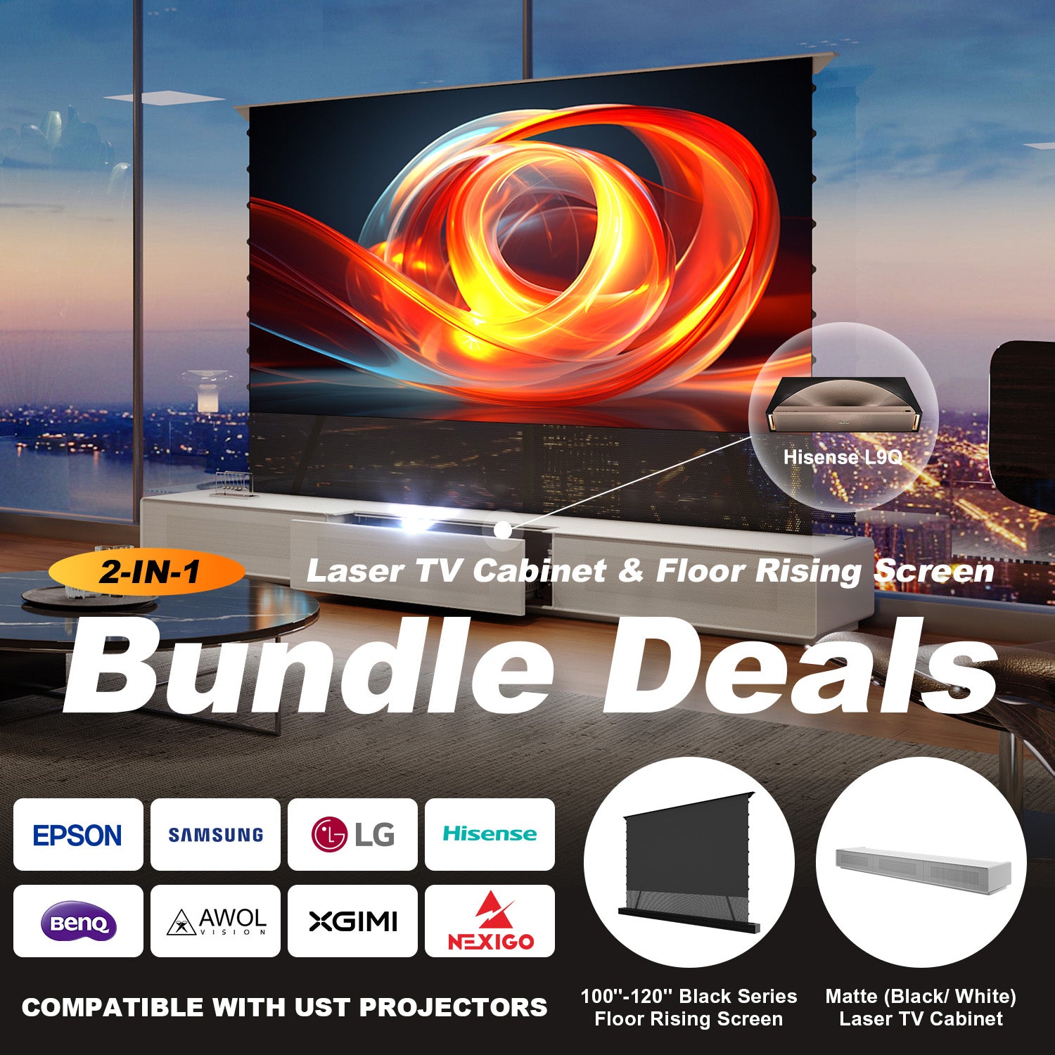 2-IN-1 BUNDLE: laser tv cabinet and floor rising screen