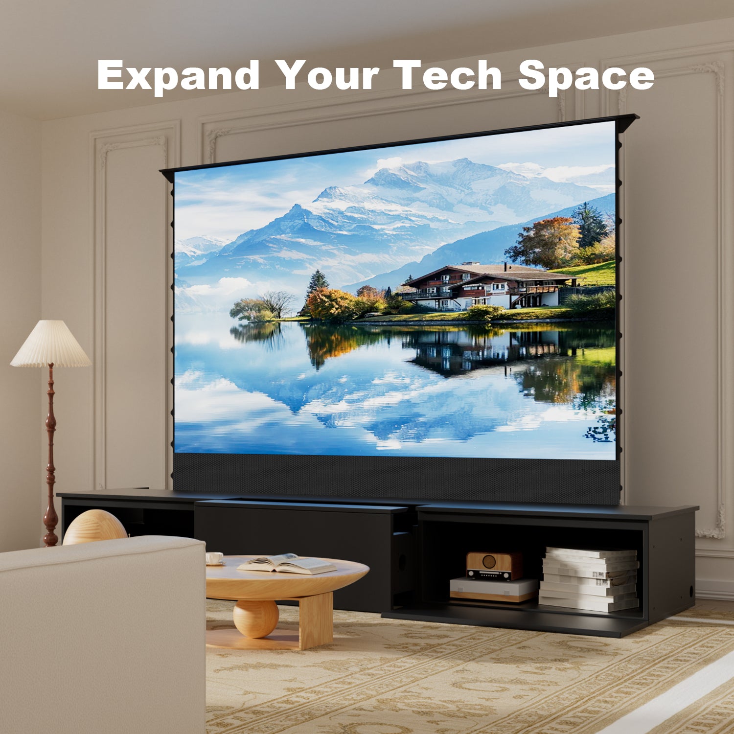 100-120" flat pack Laser TV Cabinet with 2 storage drawers