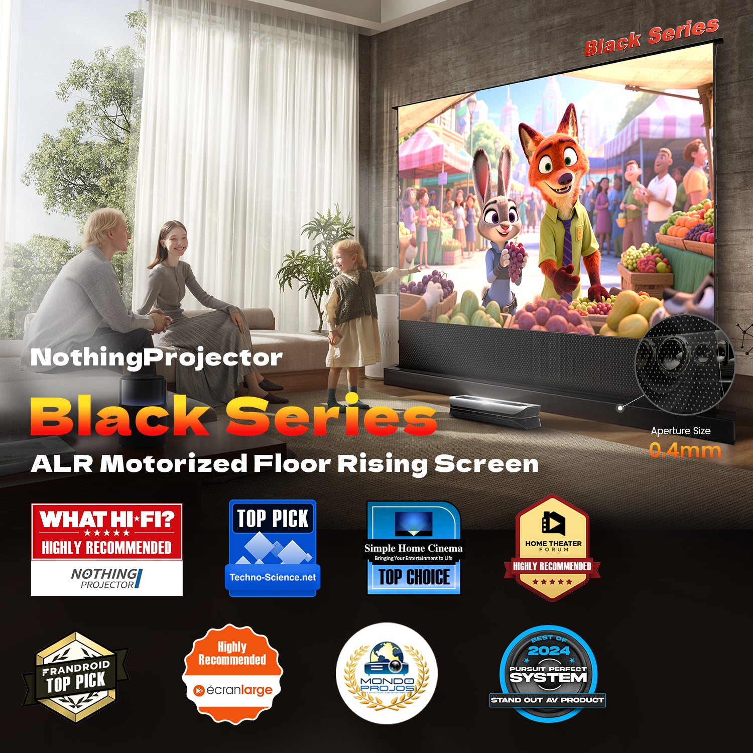 The NothingProjector Black Series ALR Motorized Floor Rising Screen is highly recommended across industry reviews.