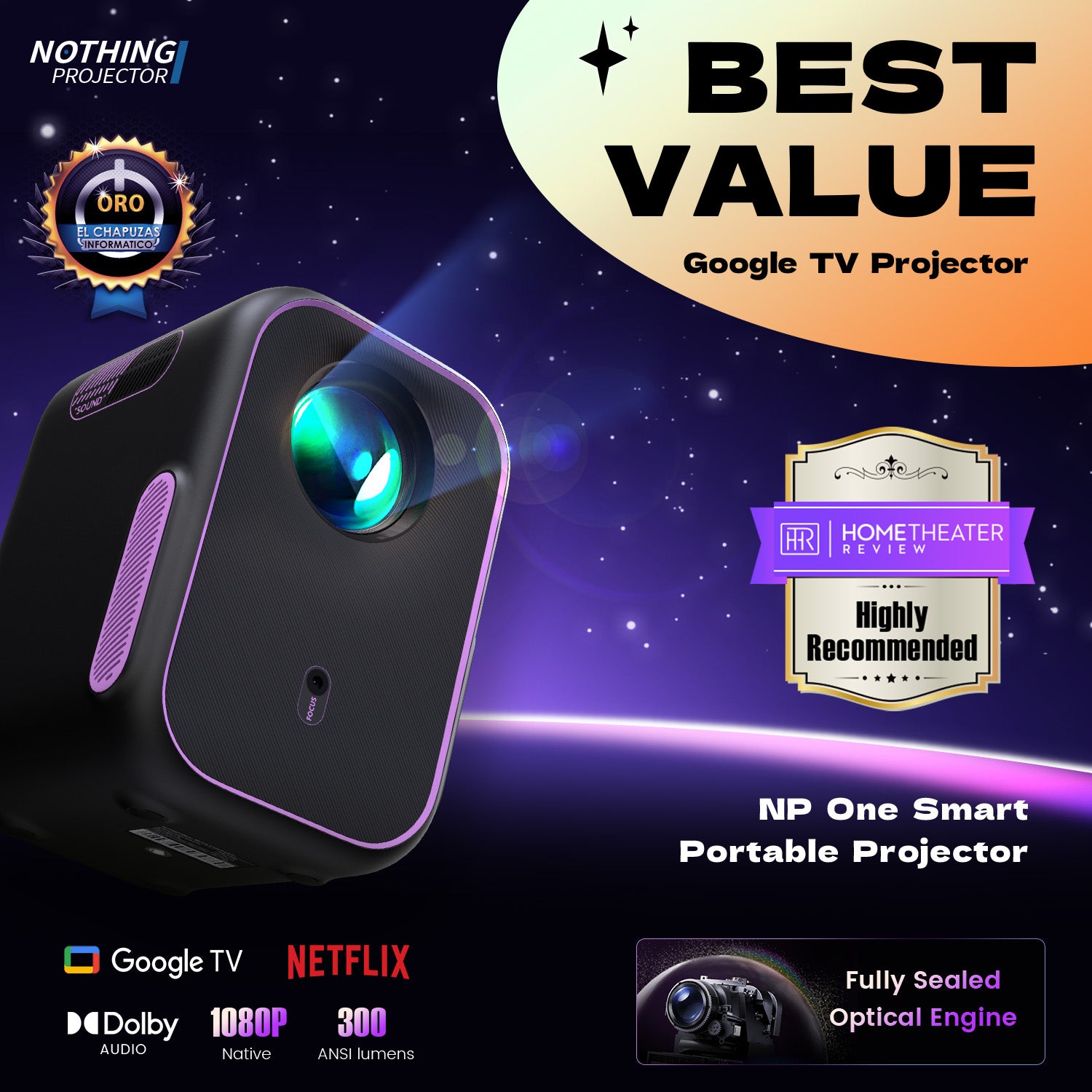 NothingProjector One Smart 1080P Full HD with WiFi Bluetooth Portable Projector with Google TV and Netflix