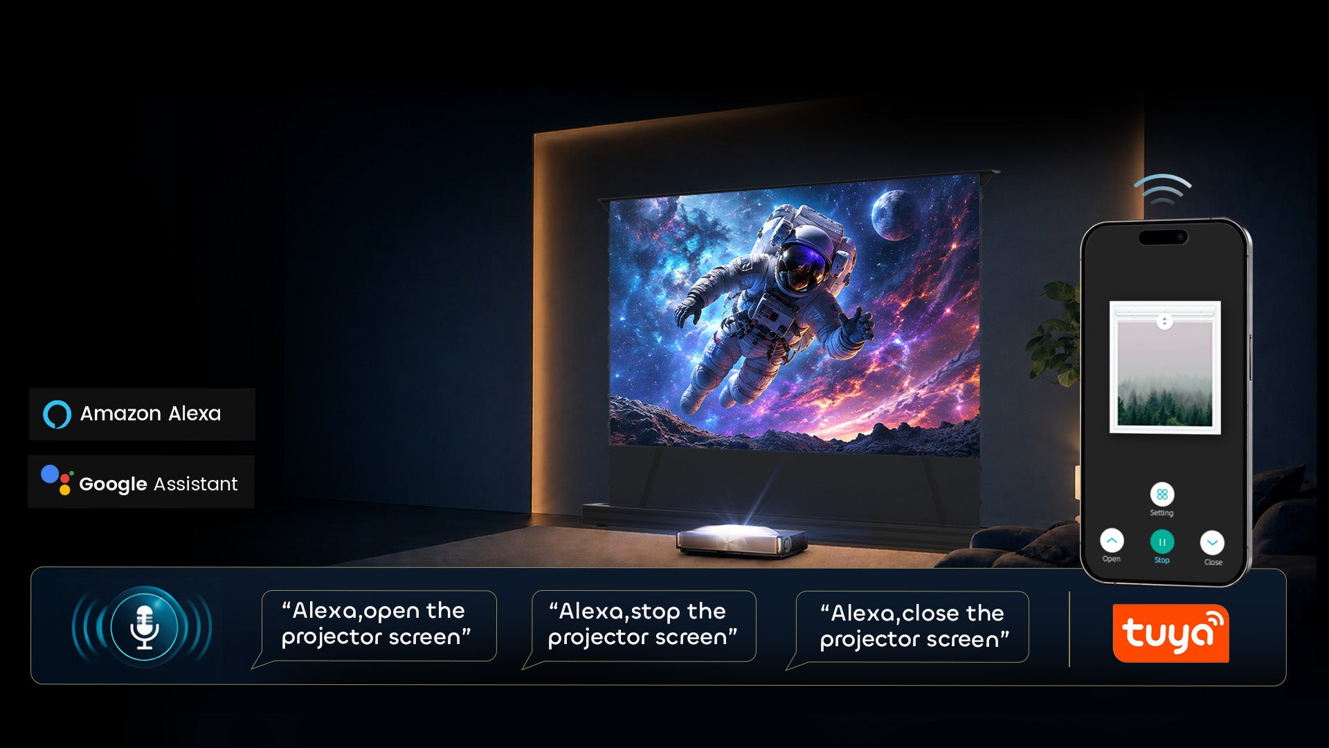 NP Black Series ALR Floor-Rising Screen with Siri Alexa Google voice control and Tuya app integration for hands-free home theater use