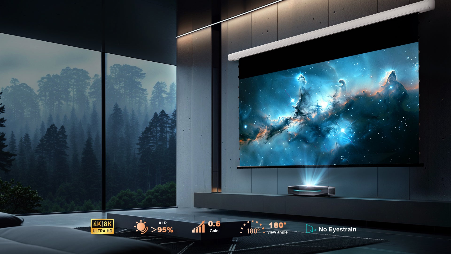 NothingProjector 84-120 Inch Motorized Drop Down UST ALR Screen in a modern living room setup