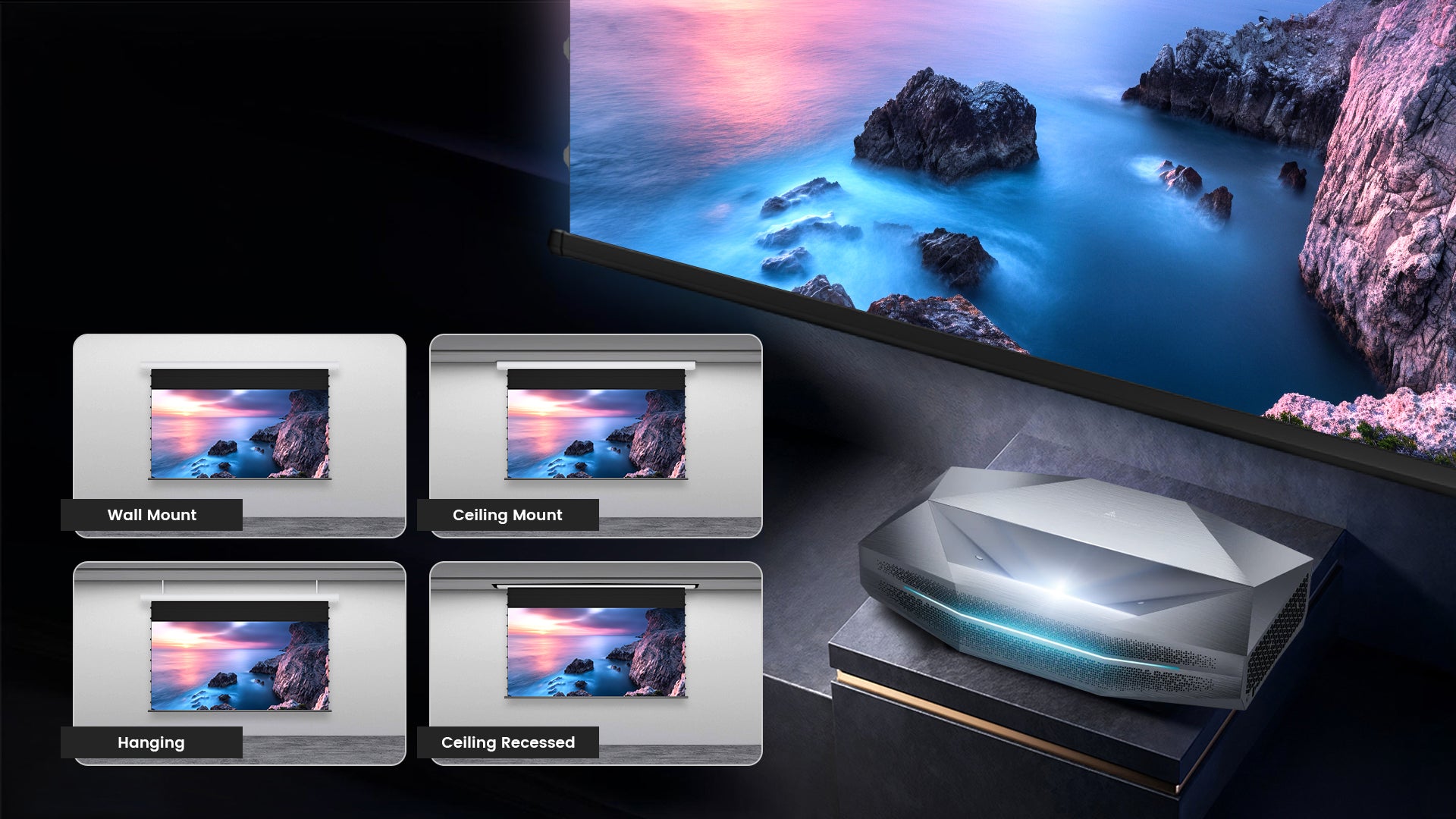 Four installation methods for NothingProjector drop down screen: wall mount, ceiling mount, hanging, and recessed