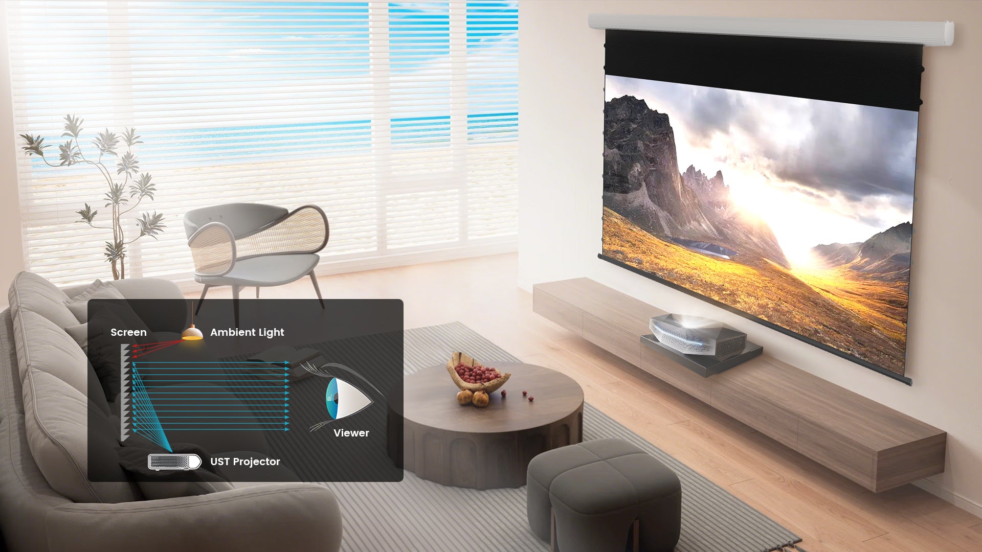 Black Series motorized drop-down ALR projector screen - 95% ambient light rejection for daylight viewing