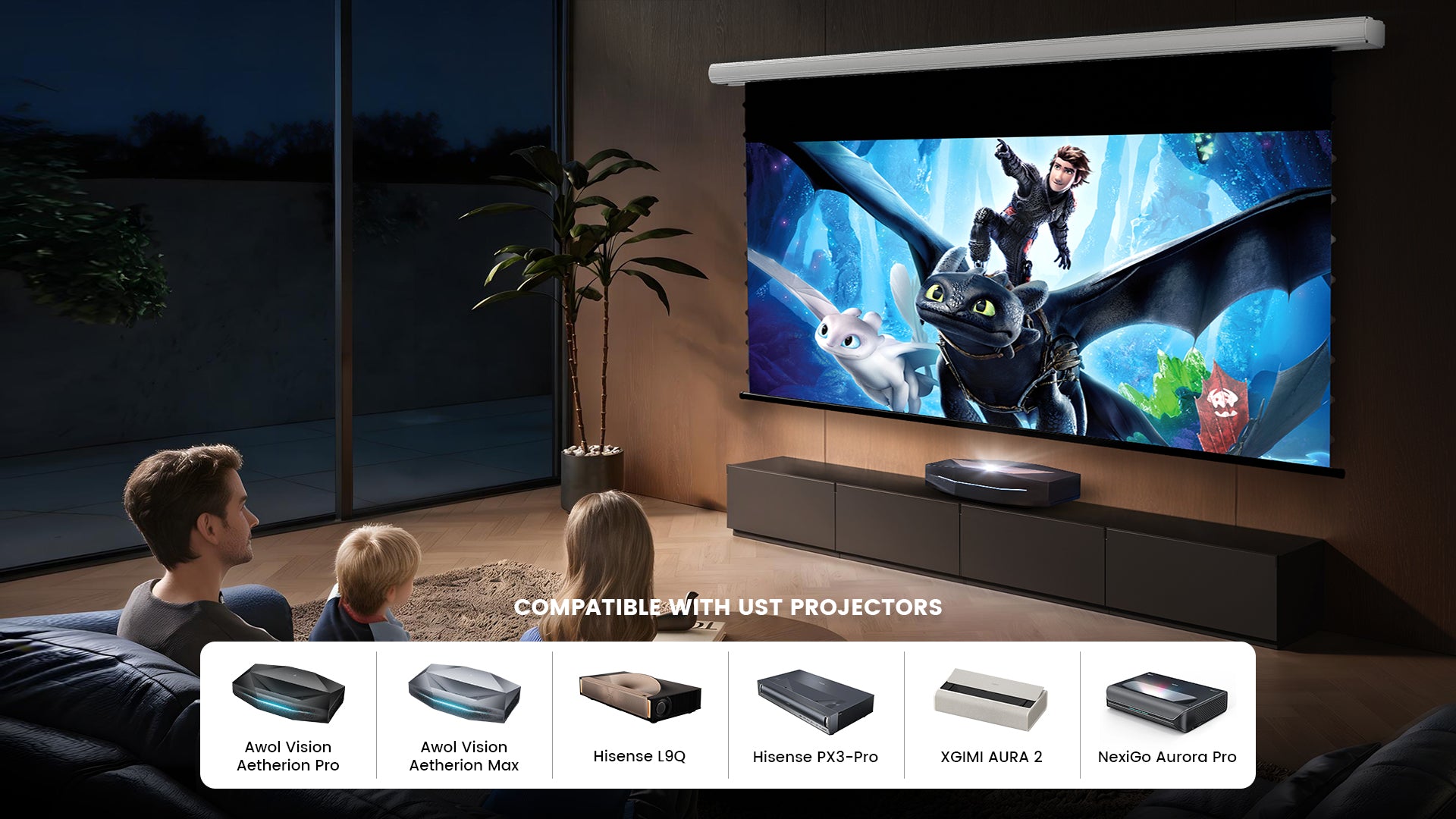 NothingProjector Drop down UST ALR screen compatible with major laser projector brands like Hisense and AWOL