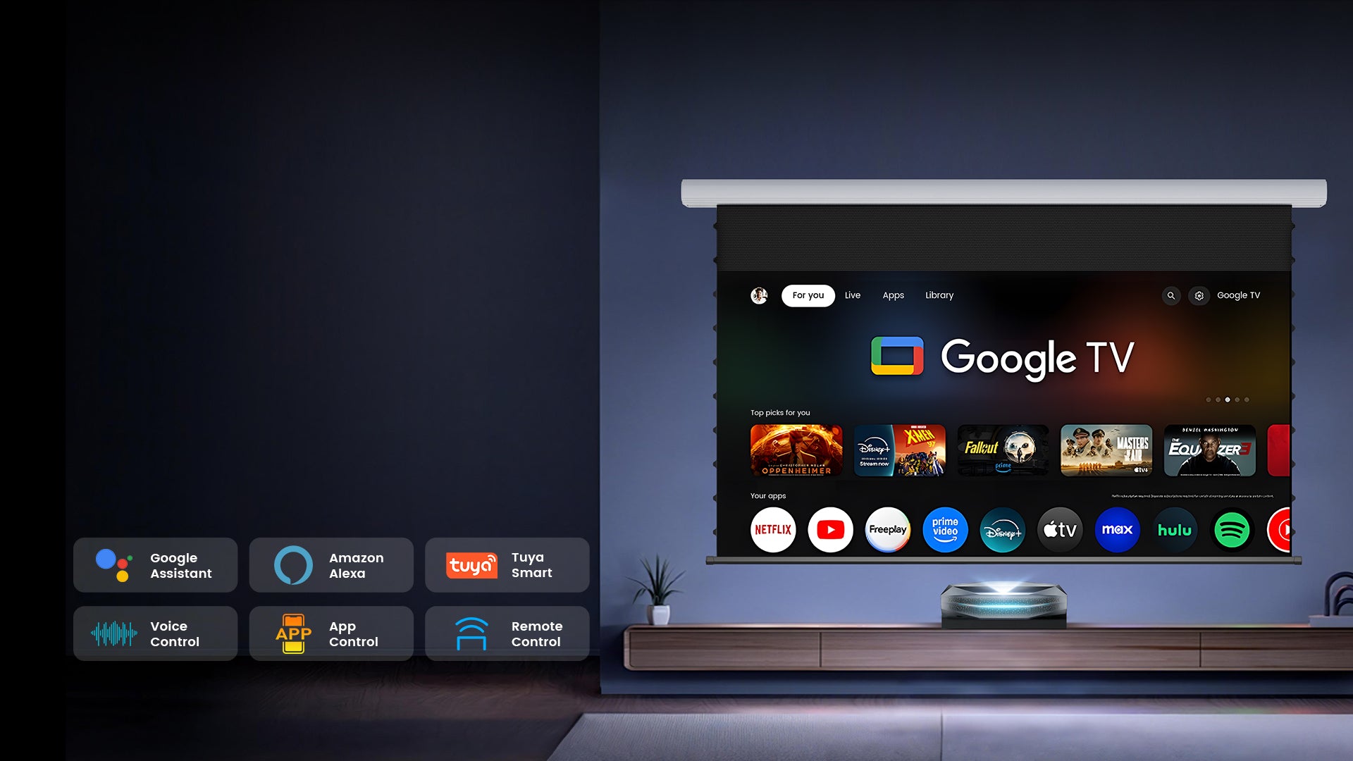 Smart screen control using Google Assistant, Amazon Alexa voice commands, and the Tuya App