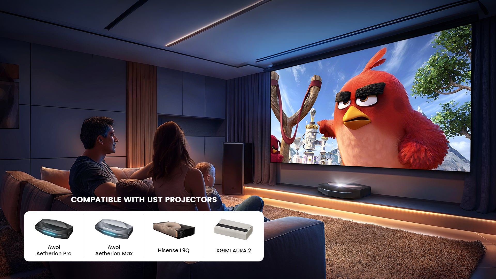 Universal UST projector screen compatible with Hisense, AWOL, BenQ, and major brands for cinema-quality home theater.