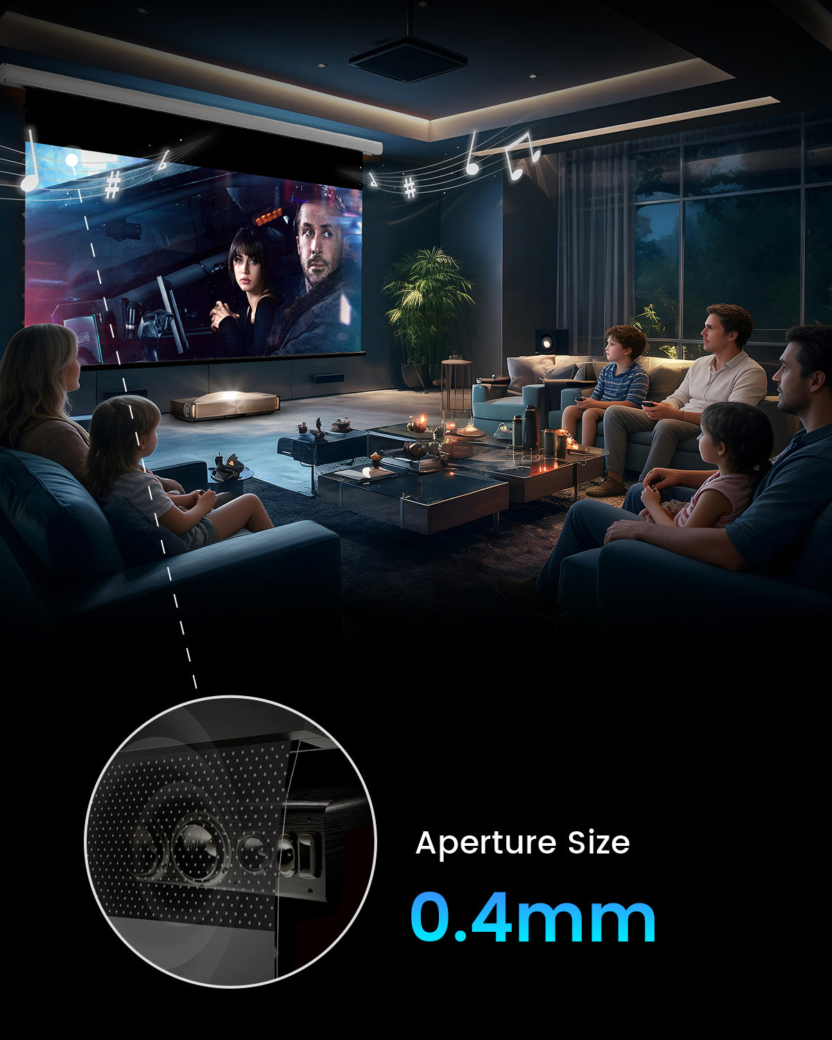 Acoustically transparent motorized drop down screen featuring 0.4mm micro-perforation for immersive 3D audio